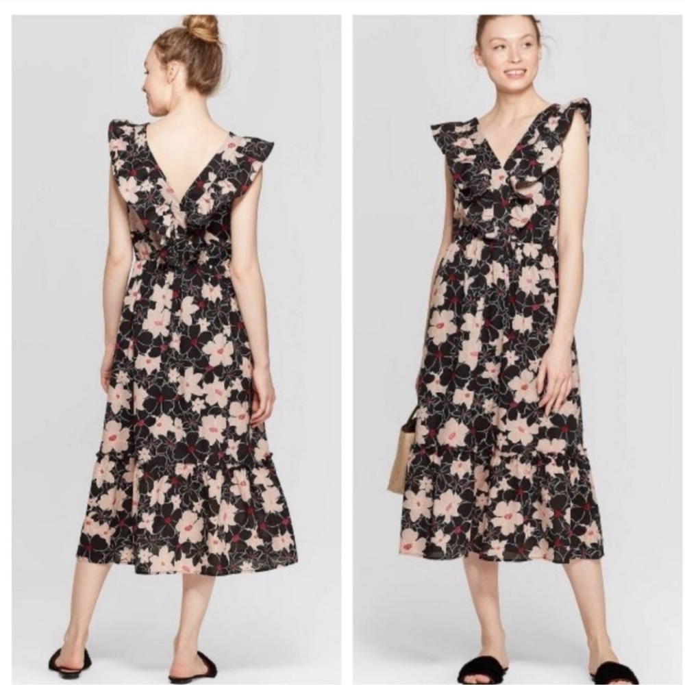 Who What Wear Tribeca Sleeveless ruffled floral print midi dress Size medium
